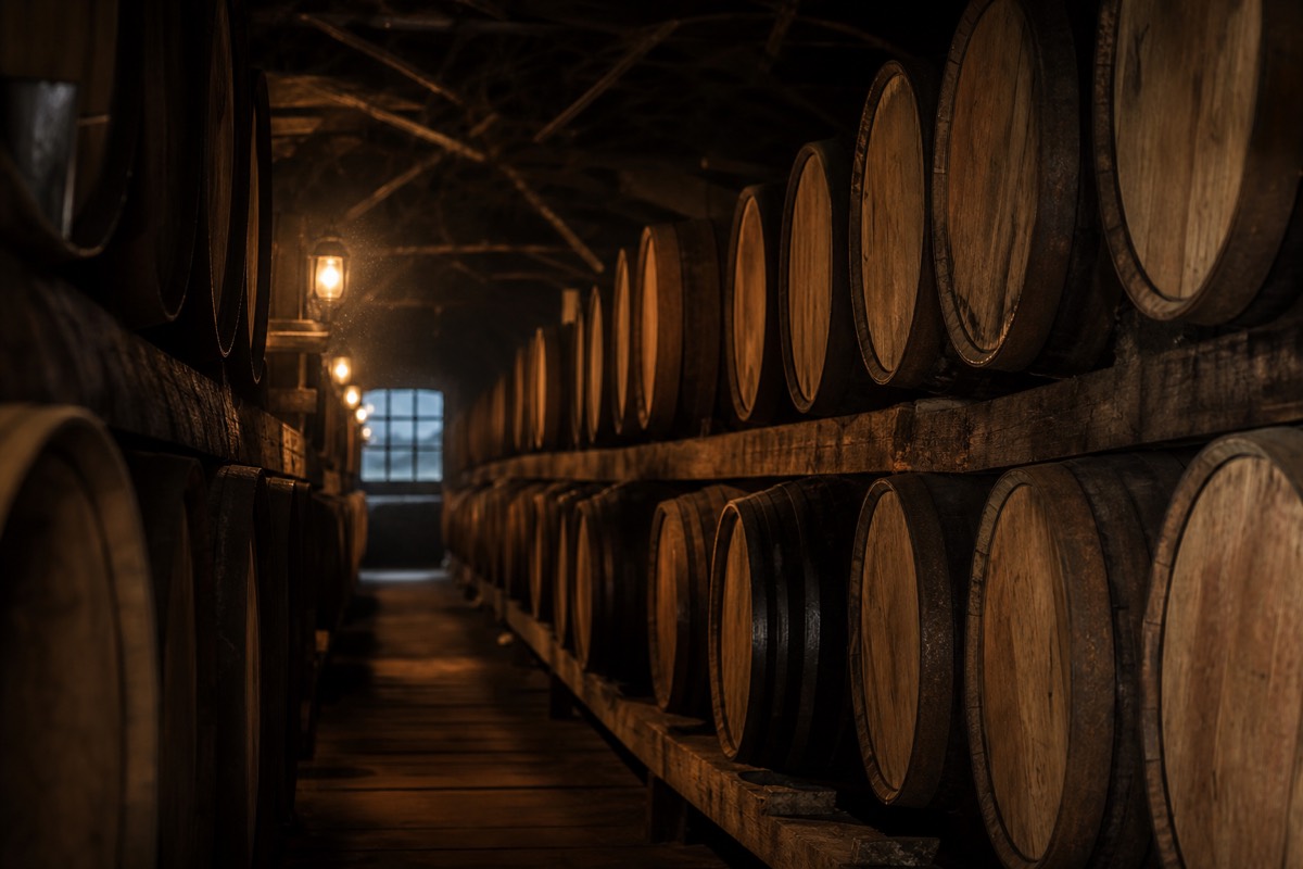 Oak whiskey casks maturing on site in a bonded warehouse