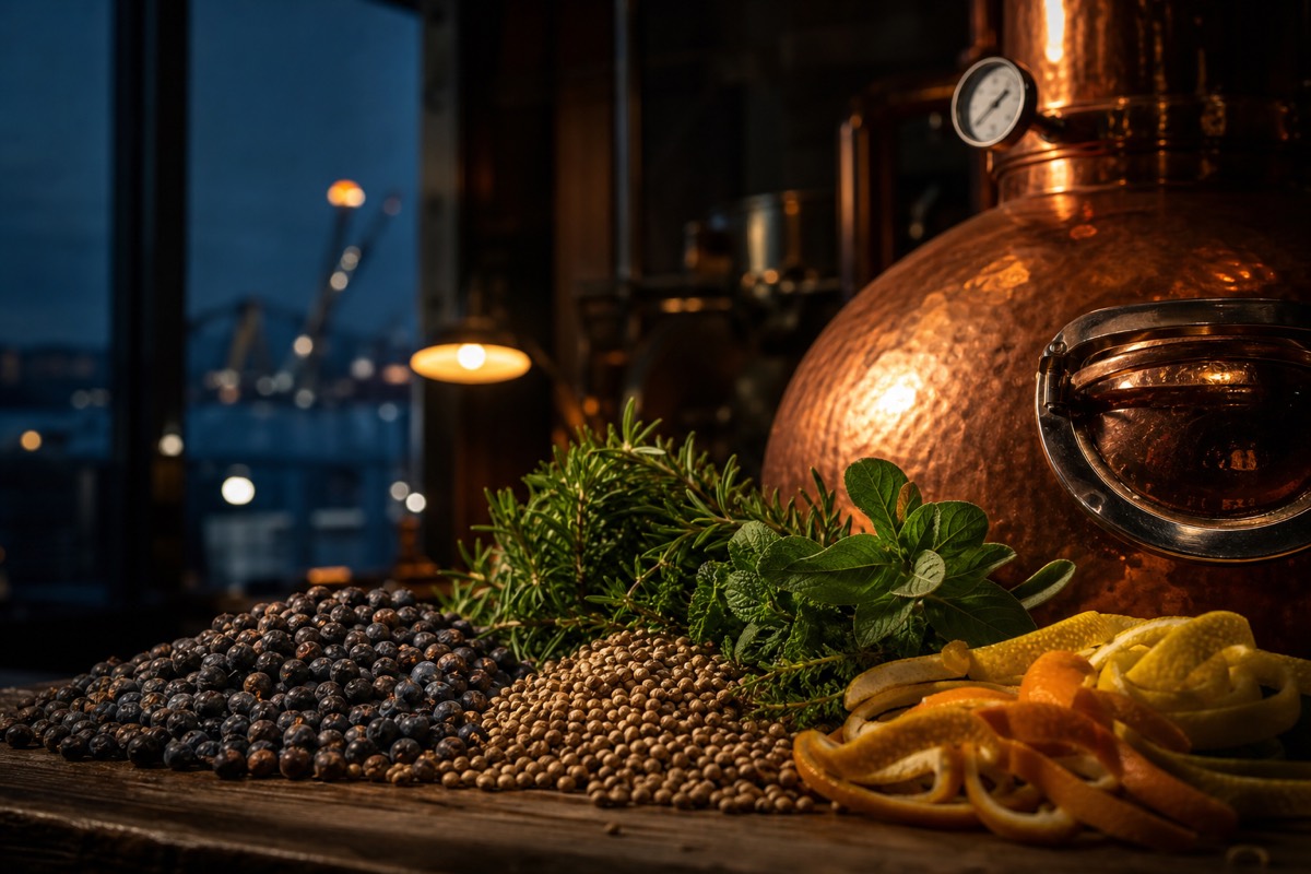 Gin botanicals &mdash; juniper, citrus peel and coriander &mdash; beside a copper pot still