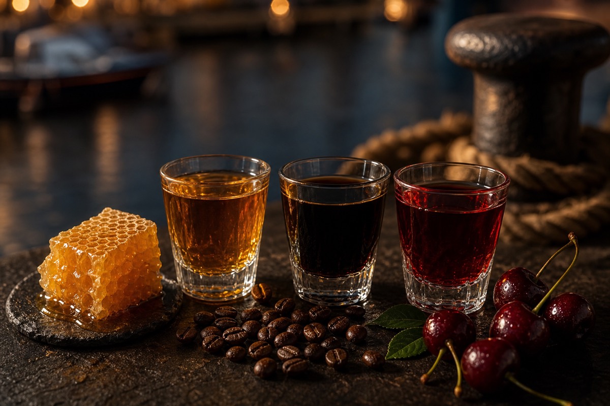 A row of colourful liqueurs with honeycomb, coffee beans and cherries