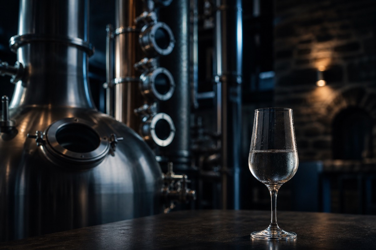 Stainless-steel column still and a glass of crystal-clear vodka